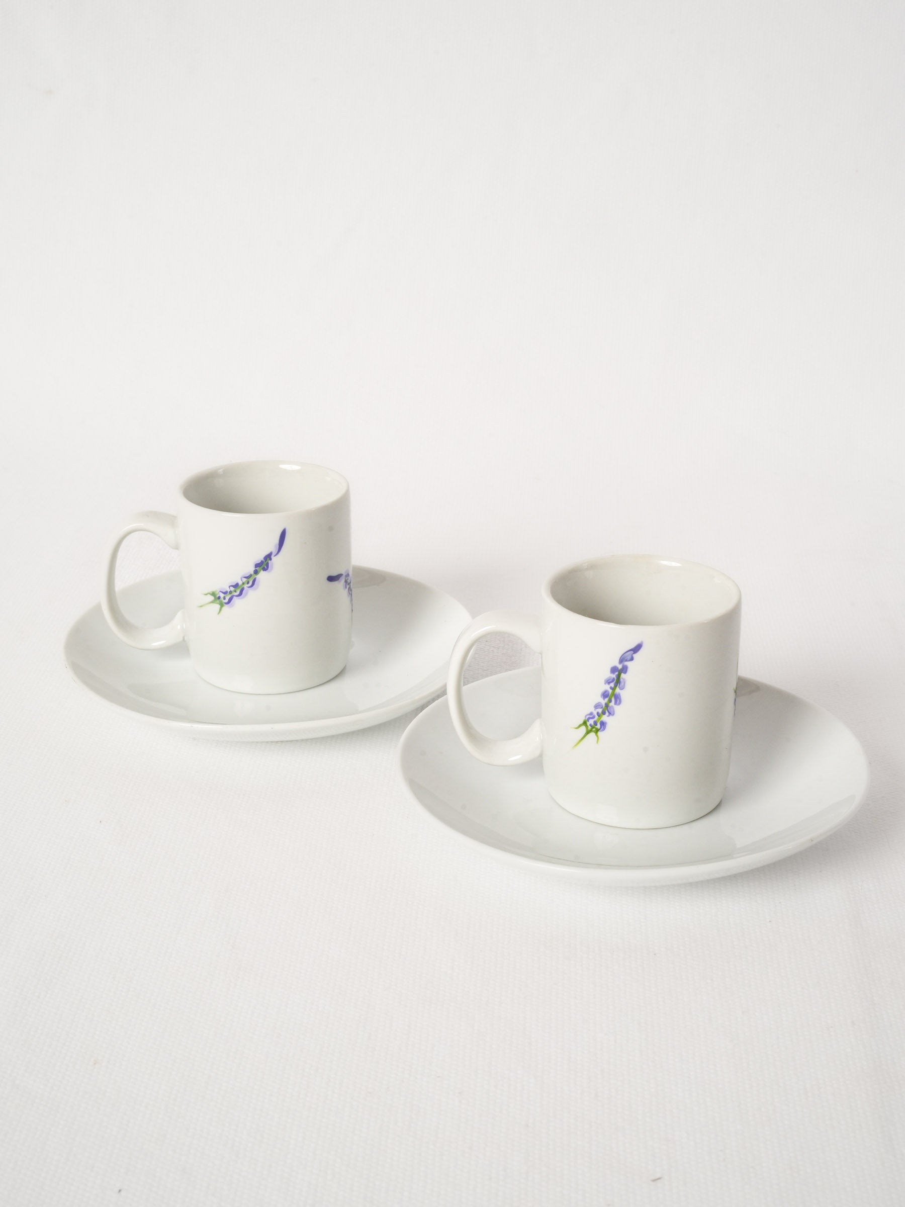 Pair of Hand-Painted Lavender Espresso Cups and Saucers from Sault