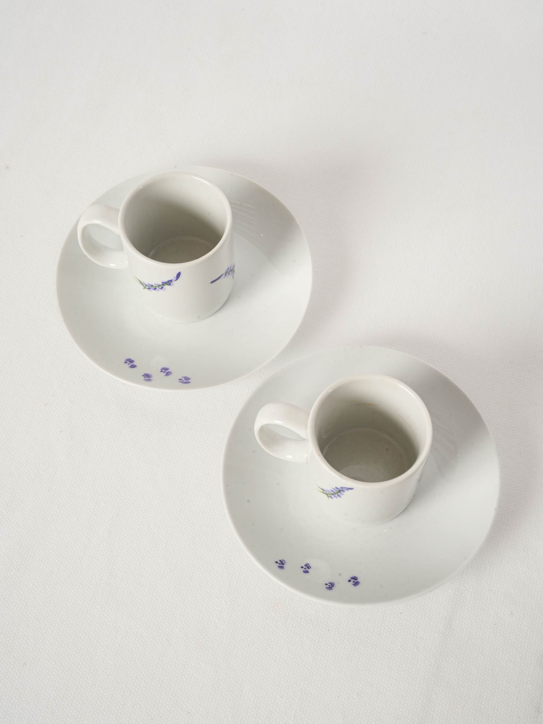 Pair of Hand-Painted Lavender Espresso Cups and Saucers from Sault