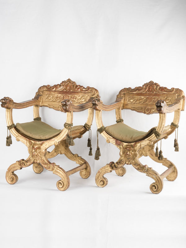 Pair of antique Italian gilded Savonarola armchairs