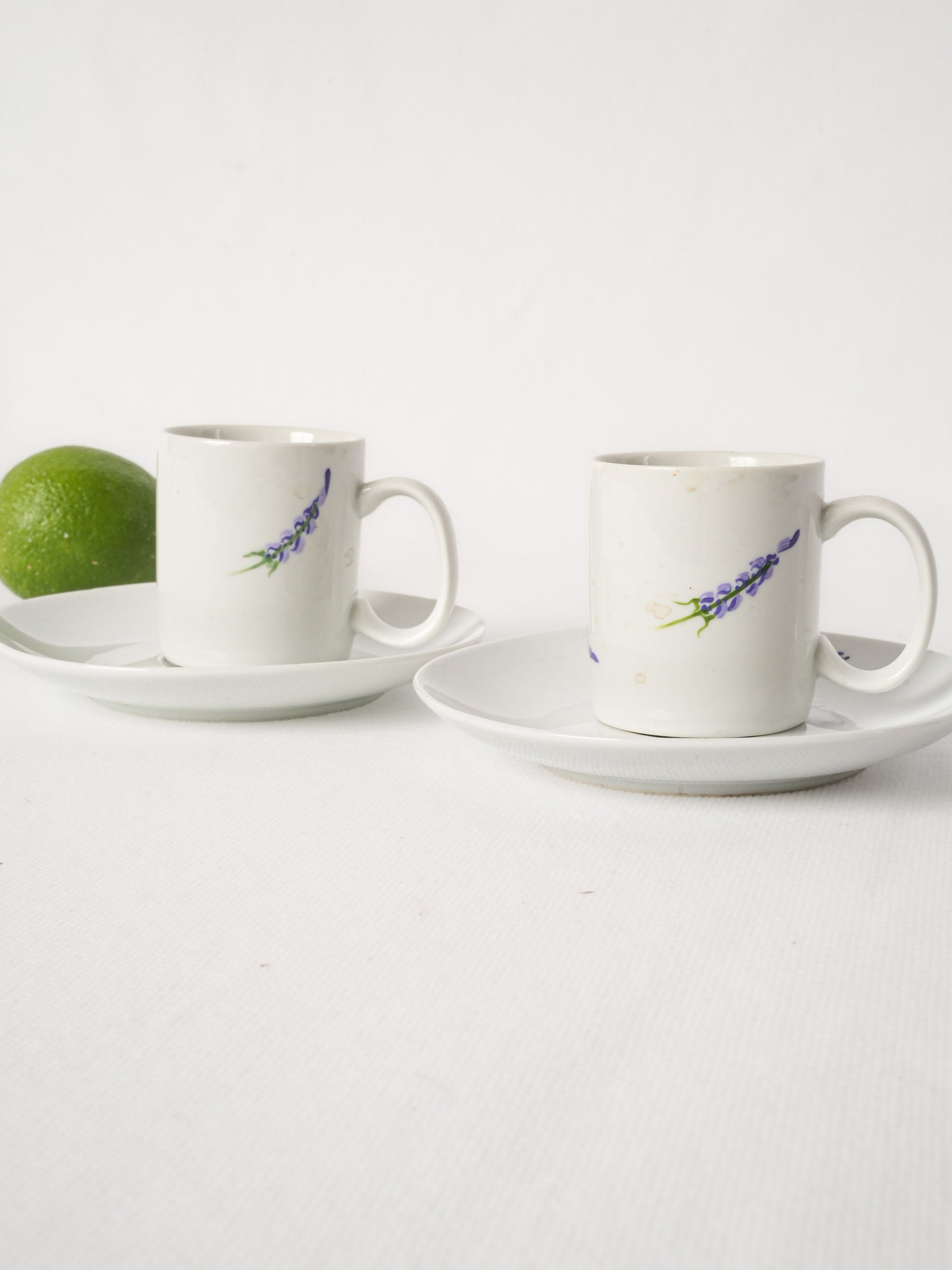 Pair of Hand-Painted Lavender Espresso Cups and Saucers from Sault