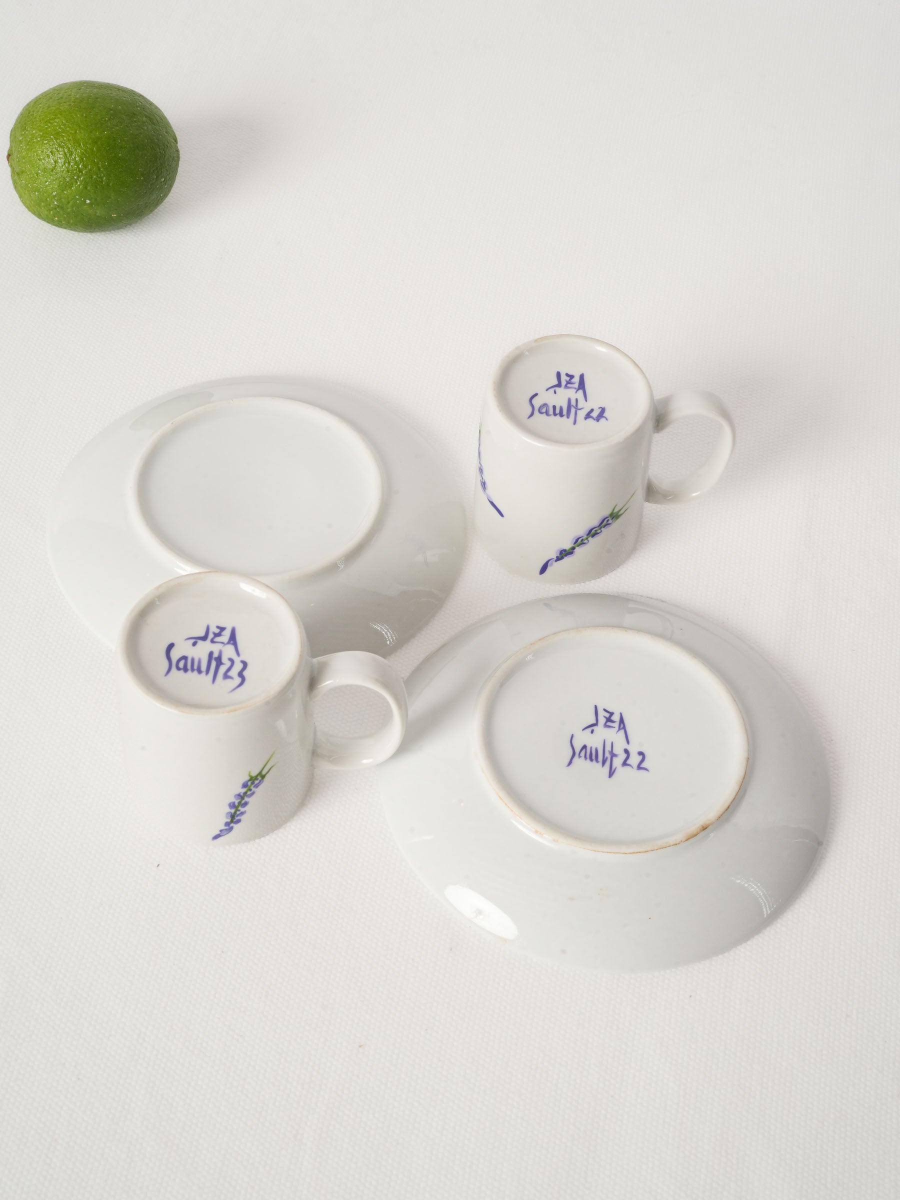 Pair of Hand-Painted Lavender Espresso Cups and Saucers from Sault