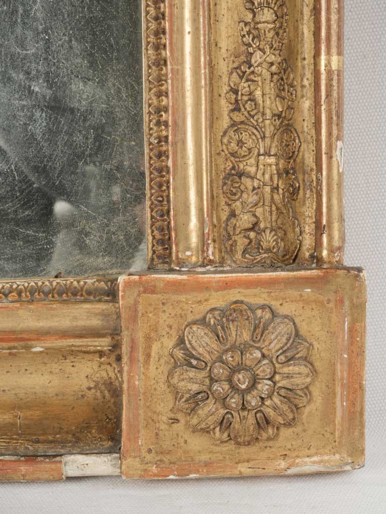 Classic aged French decor mirror-19th Century French Mercury Glass Mirror w/ Gold Leaf Finish & Rosettes 32" x 26"