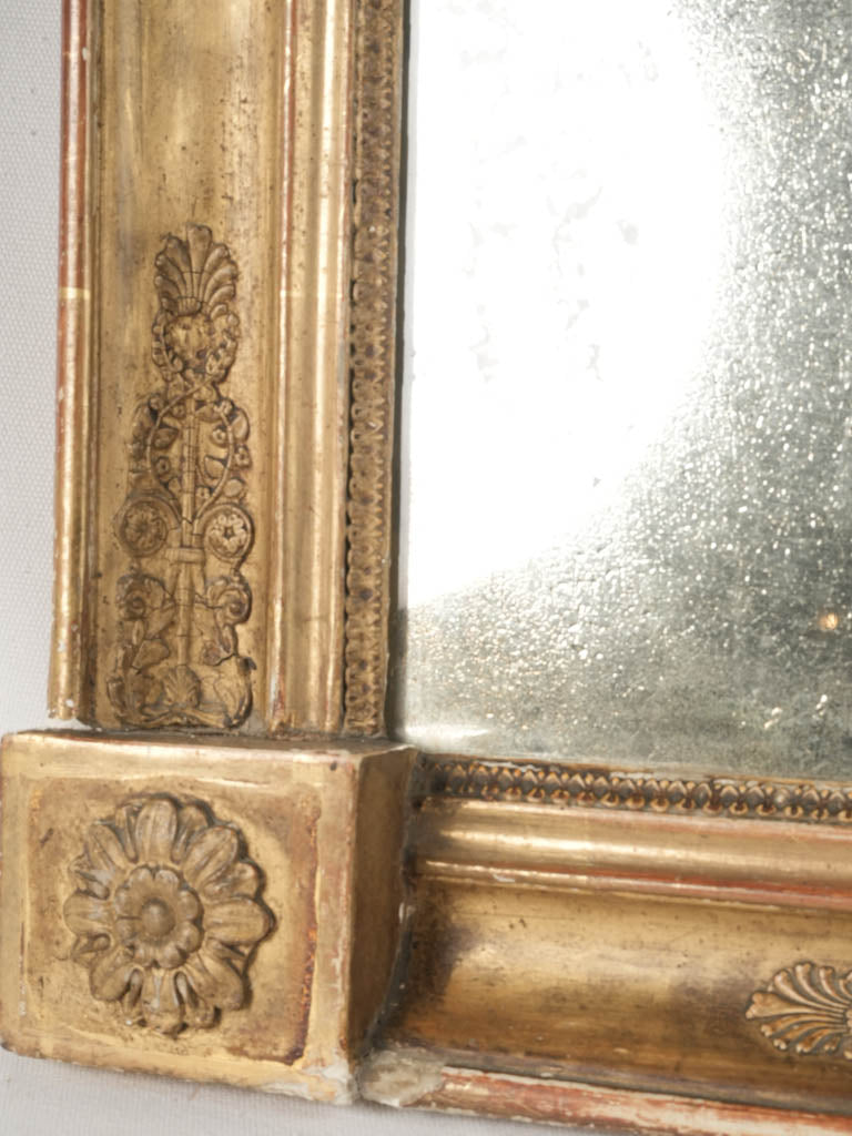 Elegant patina rosette mirror-19th Century French Mercury Glass Mirror w/ Gold Leaf Finish & Rosettes 32" x 26"