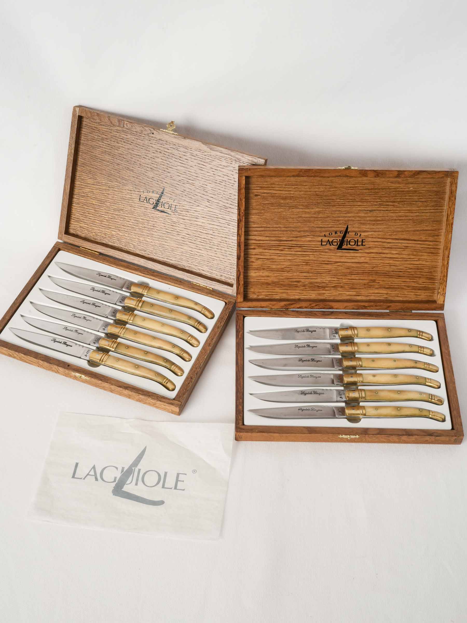 Set of 12 French Laguiole Horn Handle Steak Knives in Oak Cases