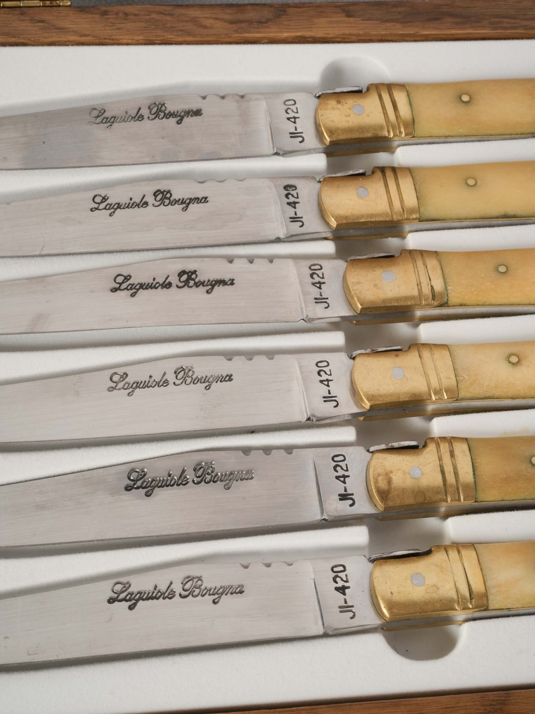 Set of 12 French Laguiole Horn Handle Steak Knives in Oak Cases