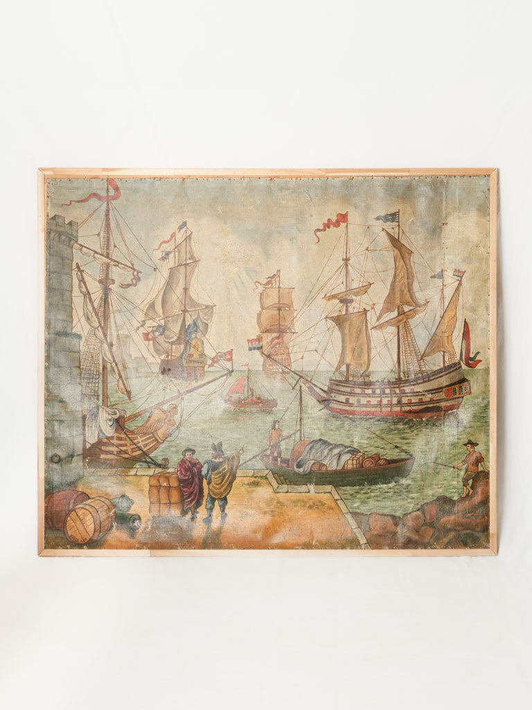 Very Large Oil on Canvas of Harbor Scene w/ Merchant Ships - 56¾" x 67¾"