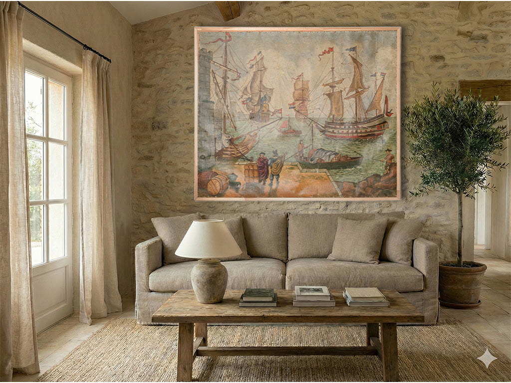 Decorative antique-style maritime scene art.