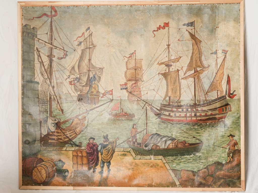 Warm-toned historic seascape oil painting.