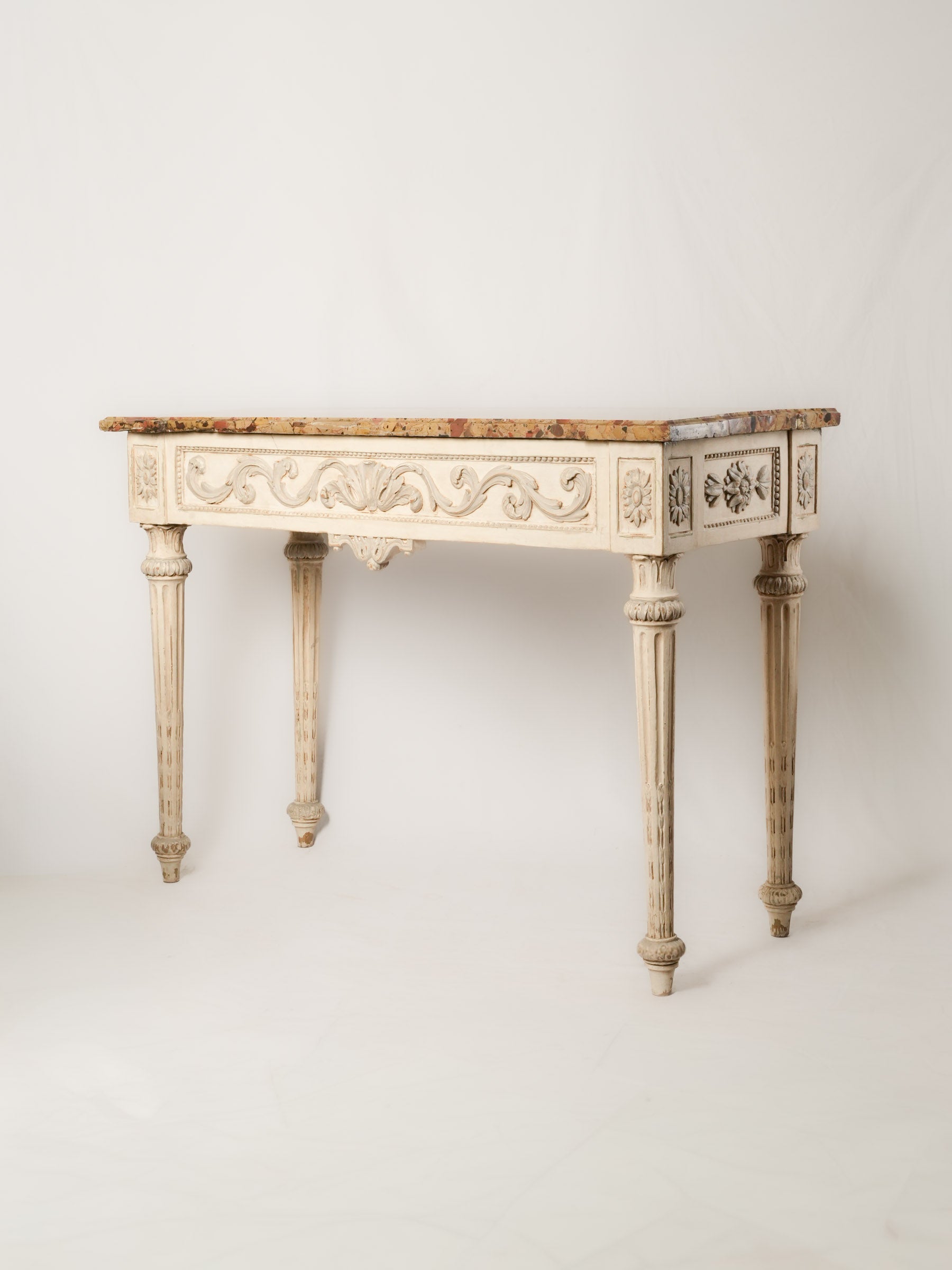 Antique Carved and Painted Wood Console Table w/ Lively Marble Top - 33¾" x 47¼"