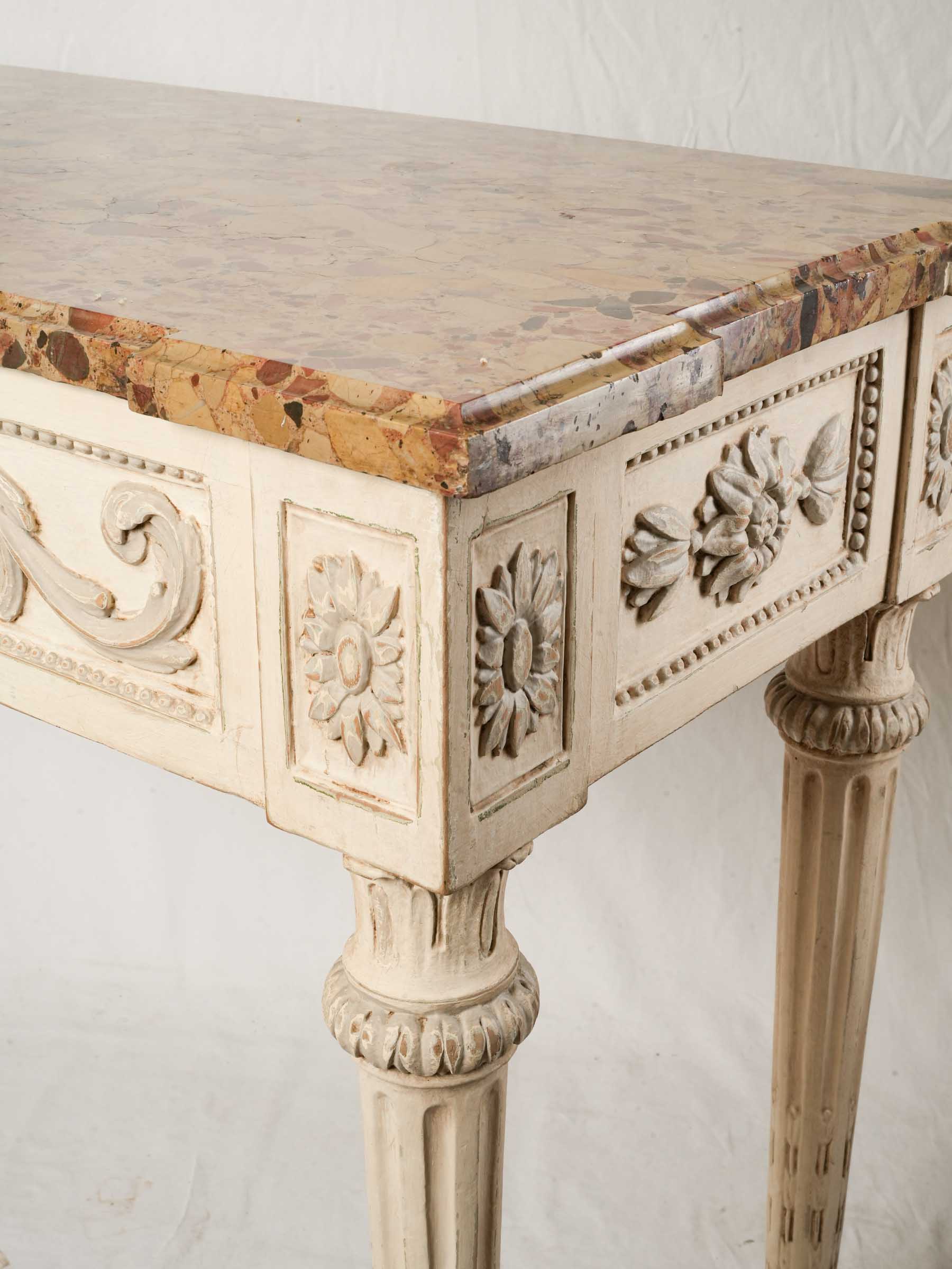 Antique Carved and Painted Wood Console Table w/ Lively Marble Top - 33¾" x 47¼"