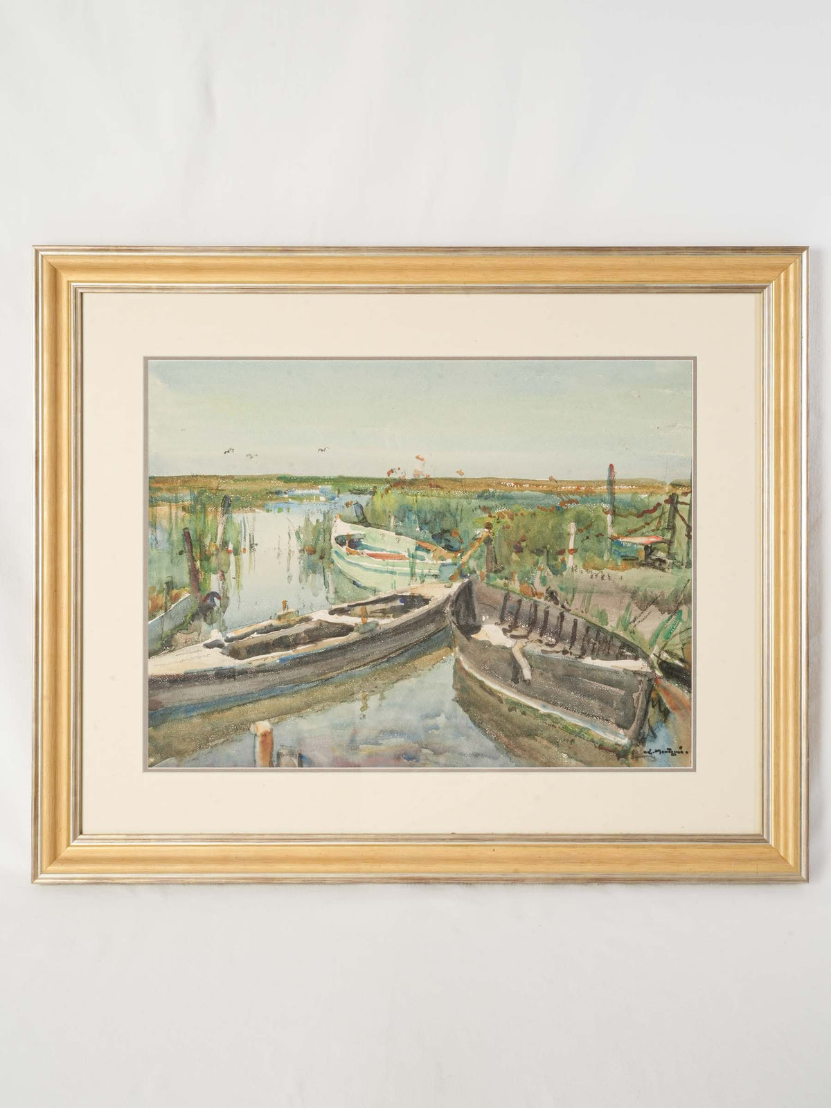 Antique Watercolor w/ Boats by Louis Montagné (1879–1960) - 26½" x 32"