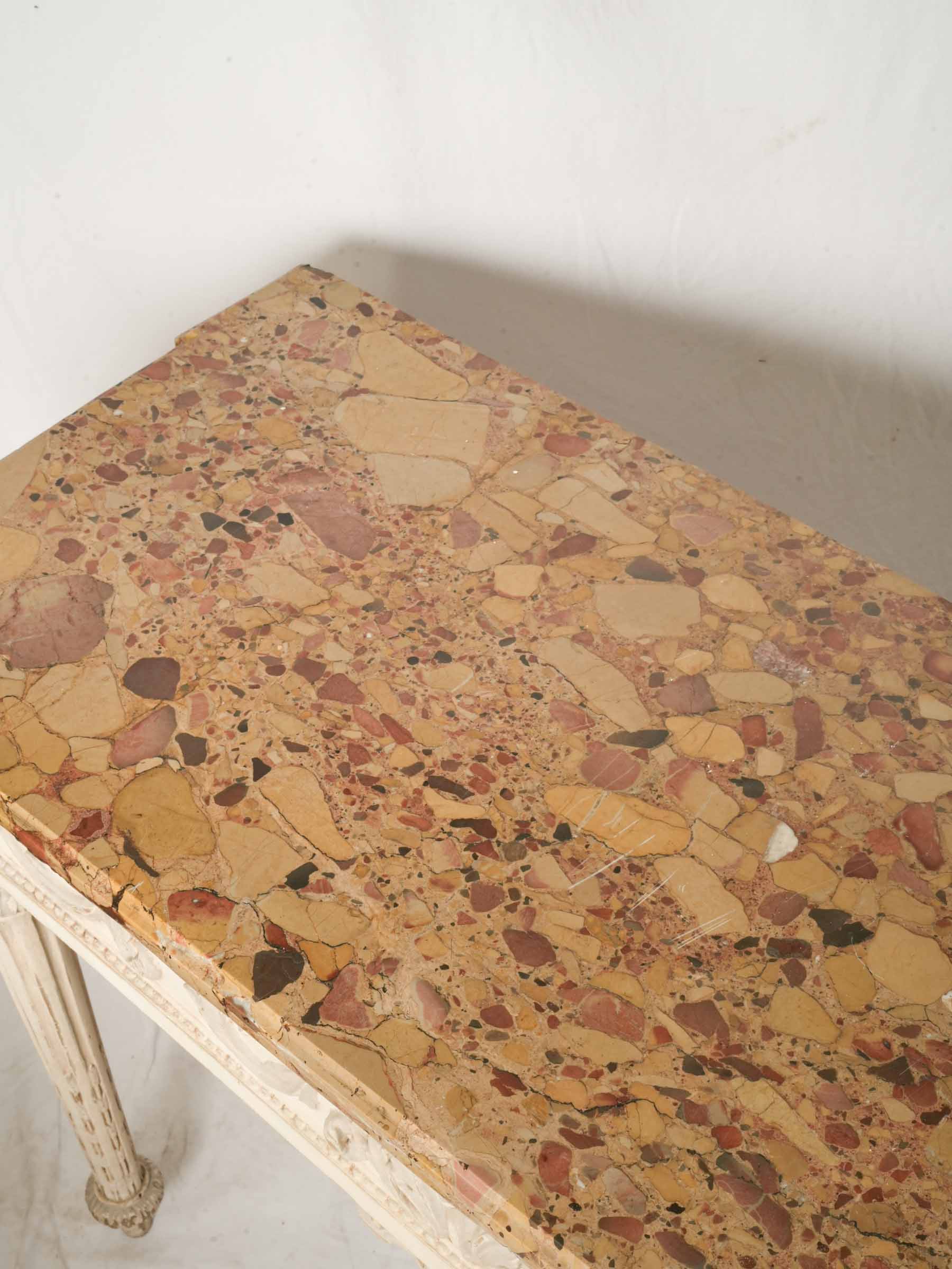 Antique Carved and Painted Wood Console Table w/ Lively Marble Top - 33¾" x 47¼"