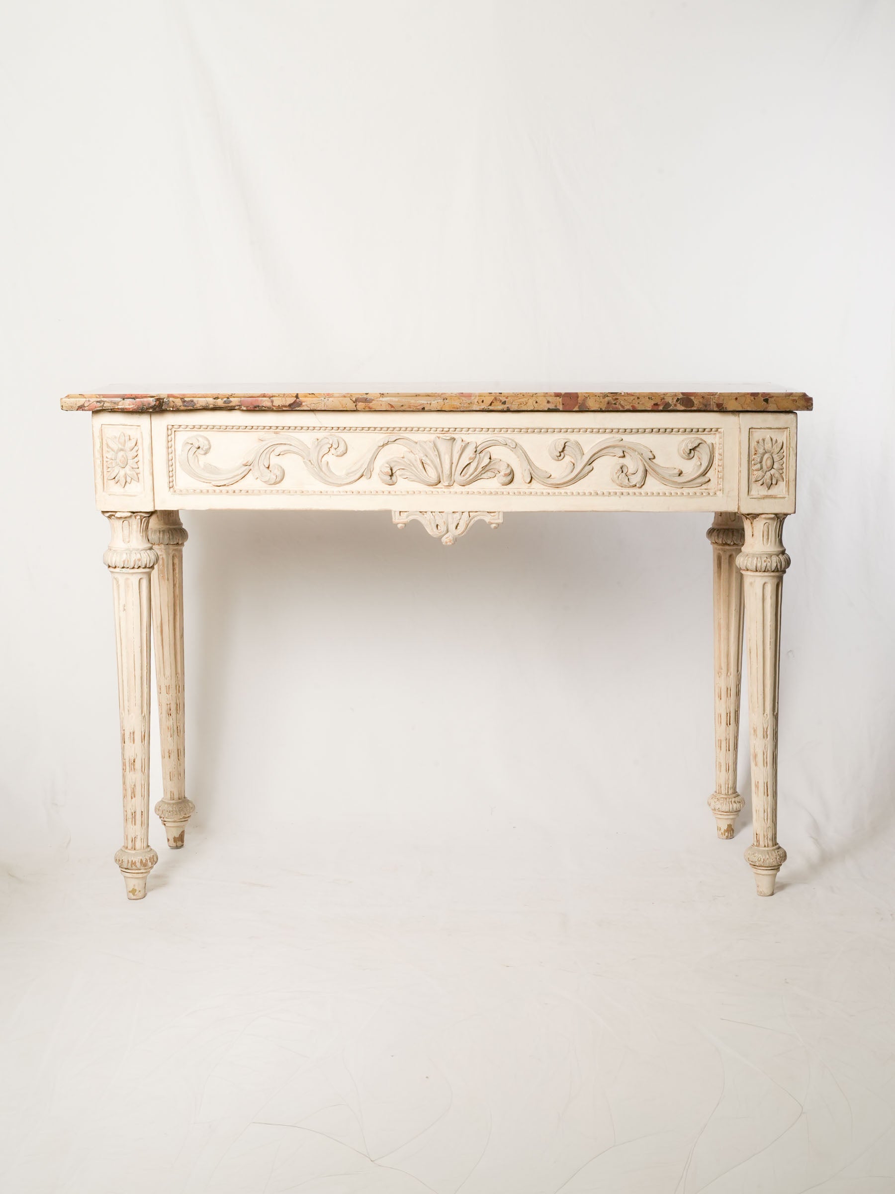 Antique Carved and Painted Wood Console Table w/ Lively Marble Top - 33¾" x 47¼"
