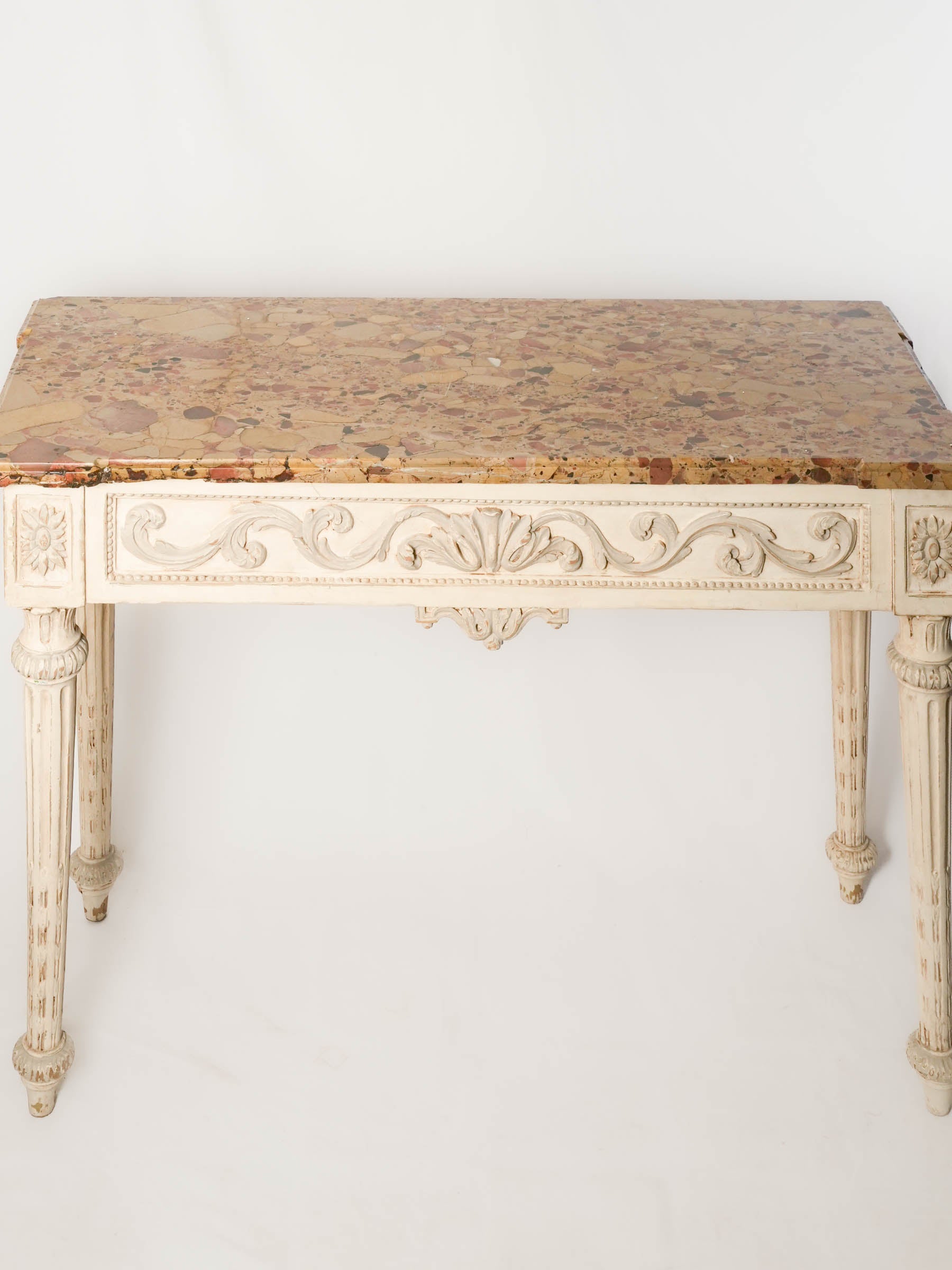 Antique Carved and Painted Wood Console Table w/ Lively Marble Top - 33¾" x 47¼"