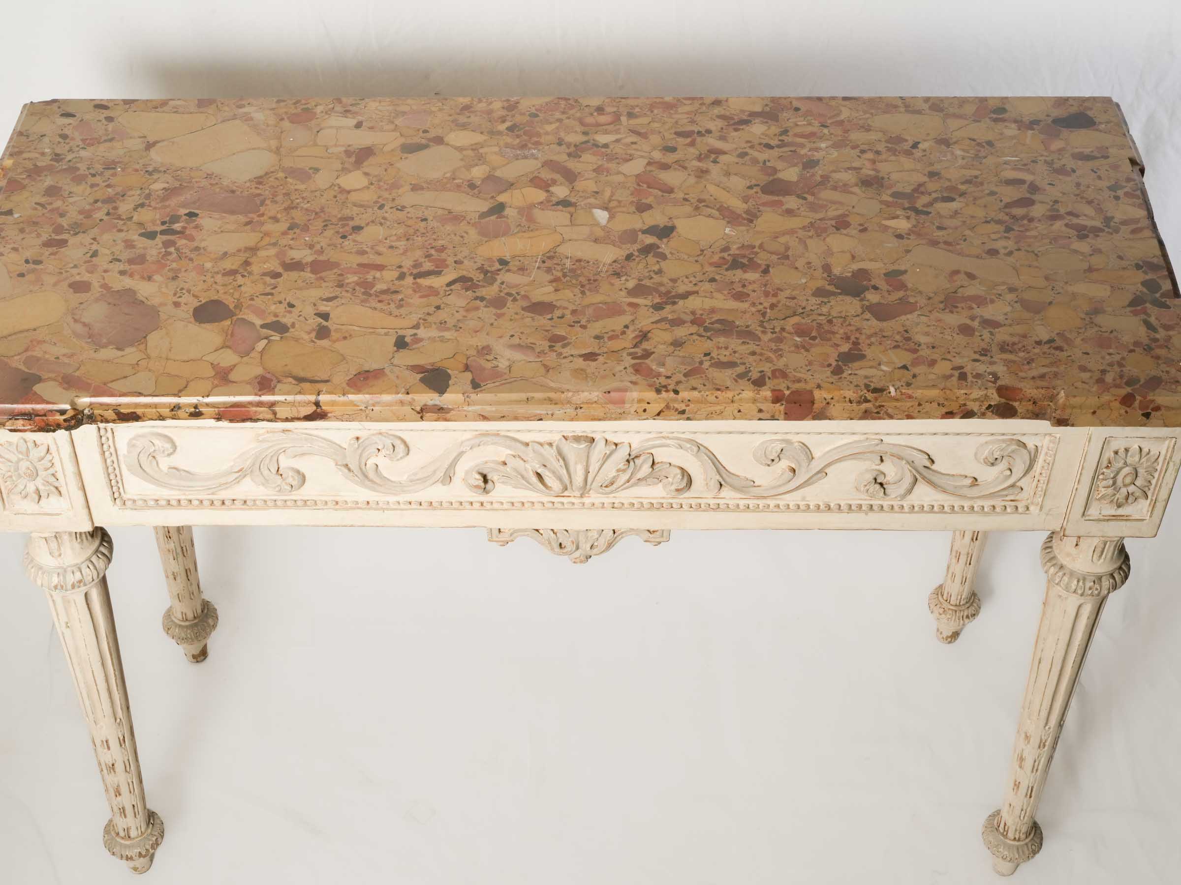 Antique Carved and Painted Wood Console Table w/ Lively Marble Top - 33¾" x 47¼"