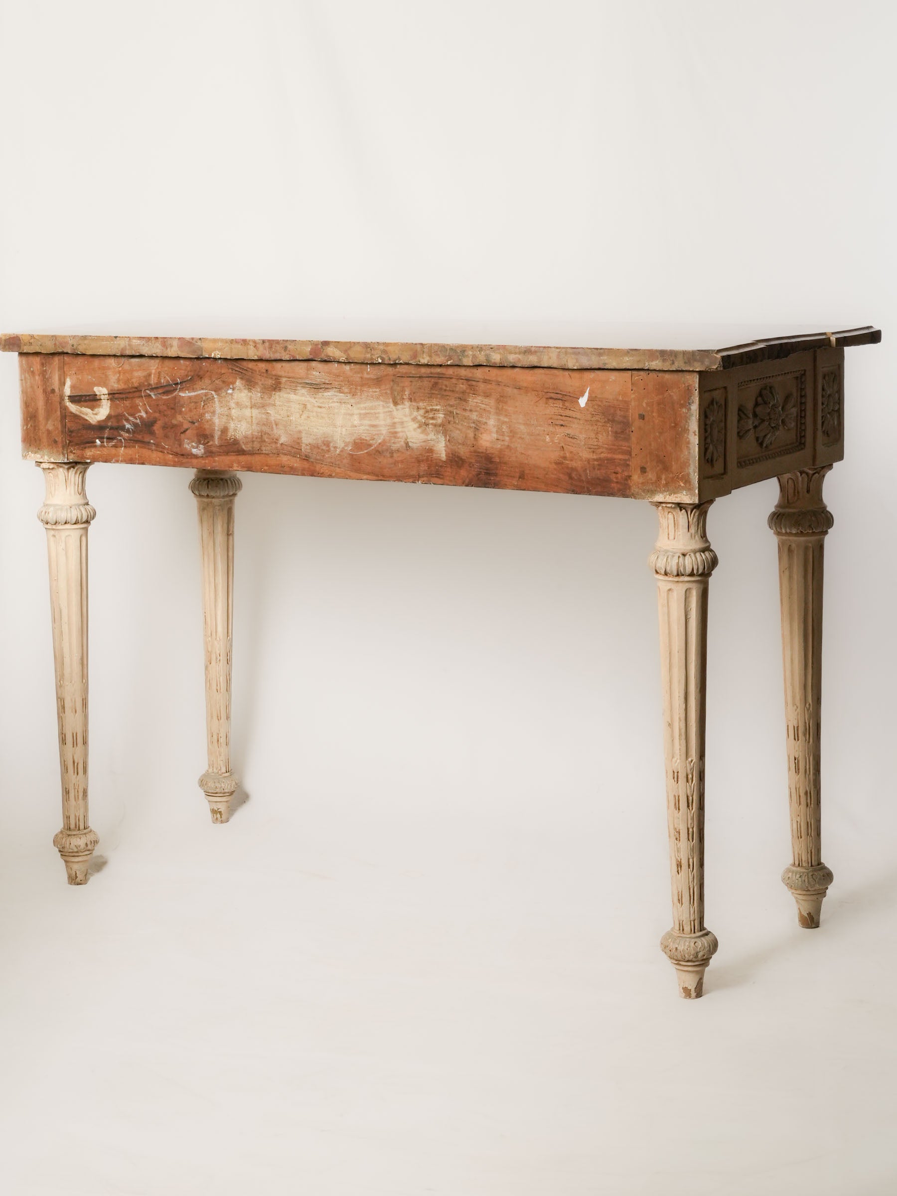 Antique Carved and Painted Wood Console Table w/ Lively Marble Top - 33¾" x 47¼"