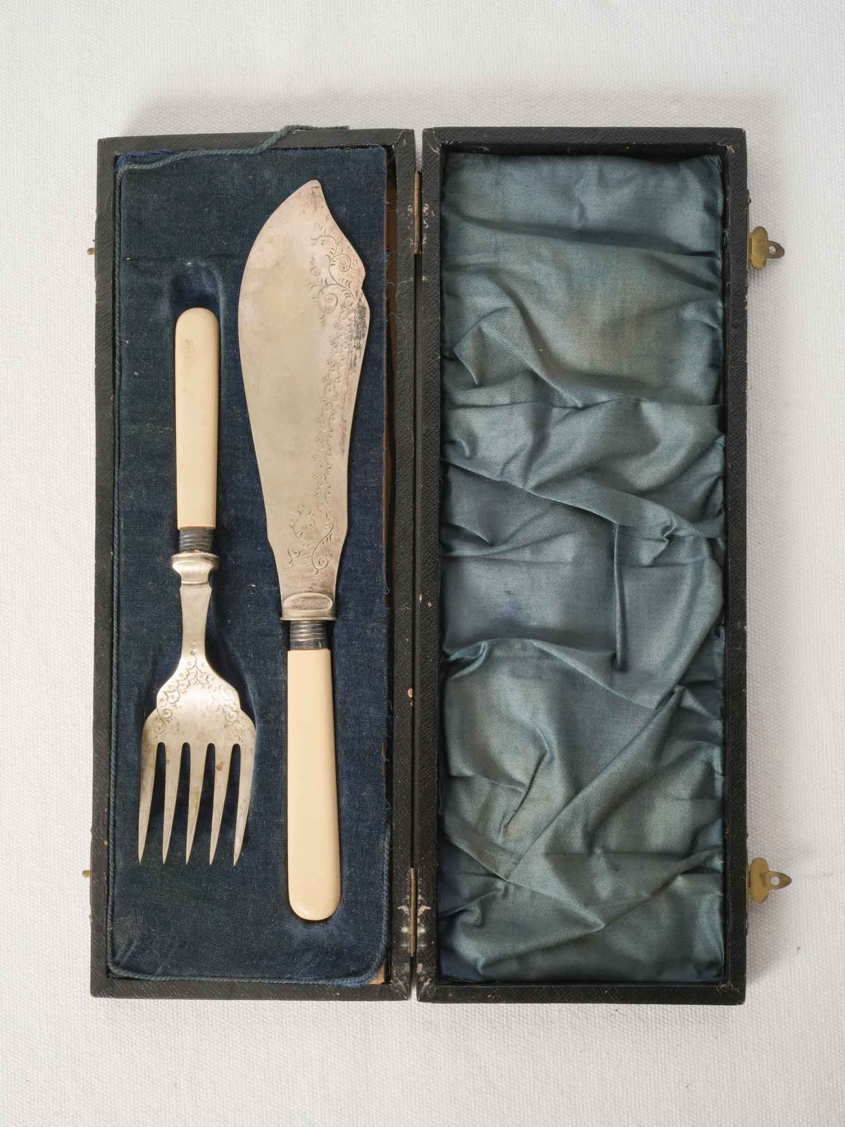 Antique French Silver Plate Fish Serving Set in Leather Box