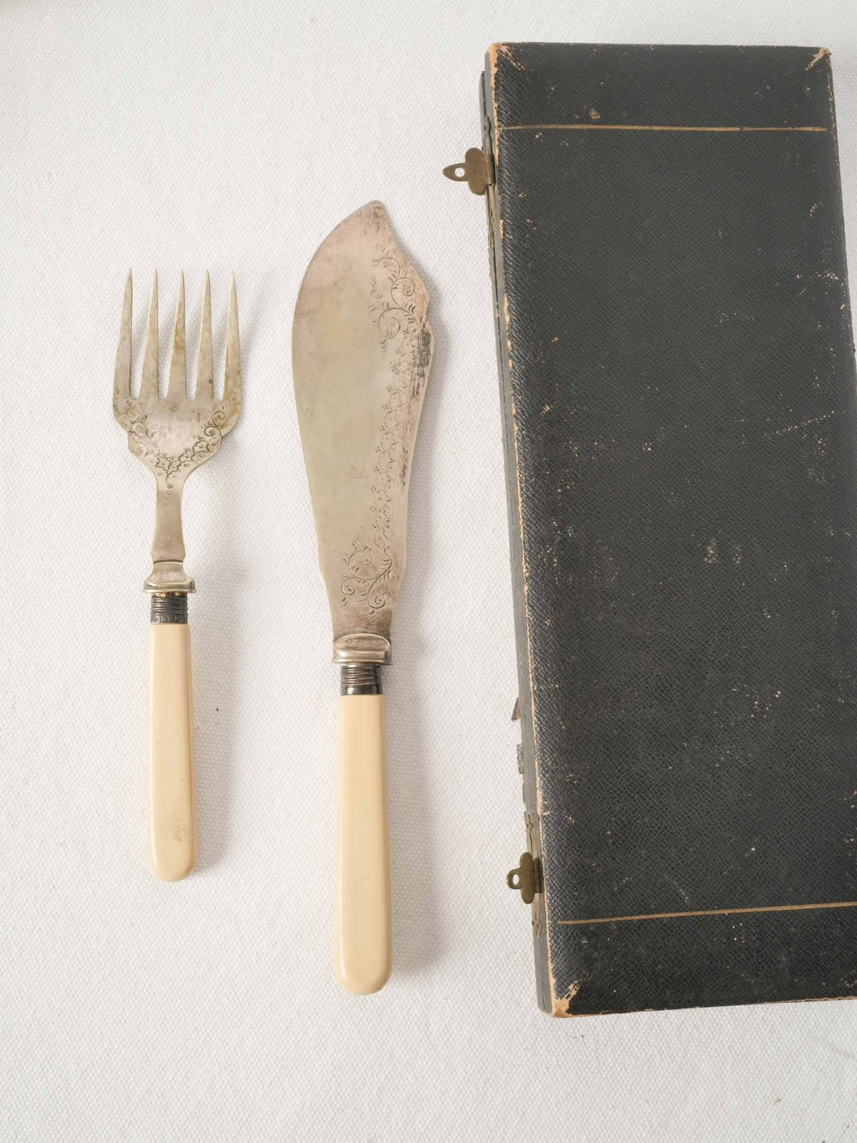 Antique French Silver Plate Fish Serving Set in Leather Box