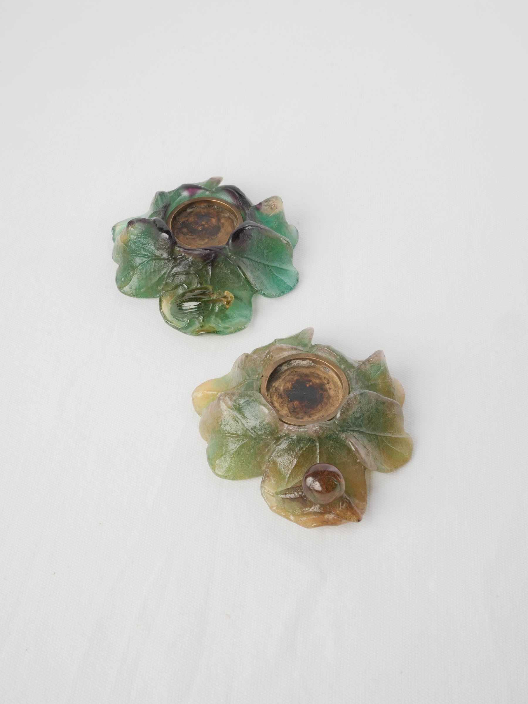 Pair Of Vintage Nature-Inspired Coloured Art Glass Candle Holders By Daum - 5"