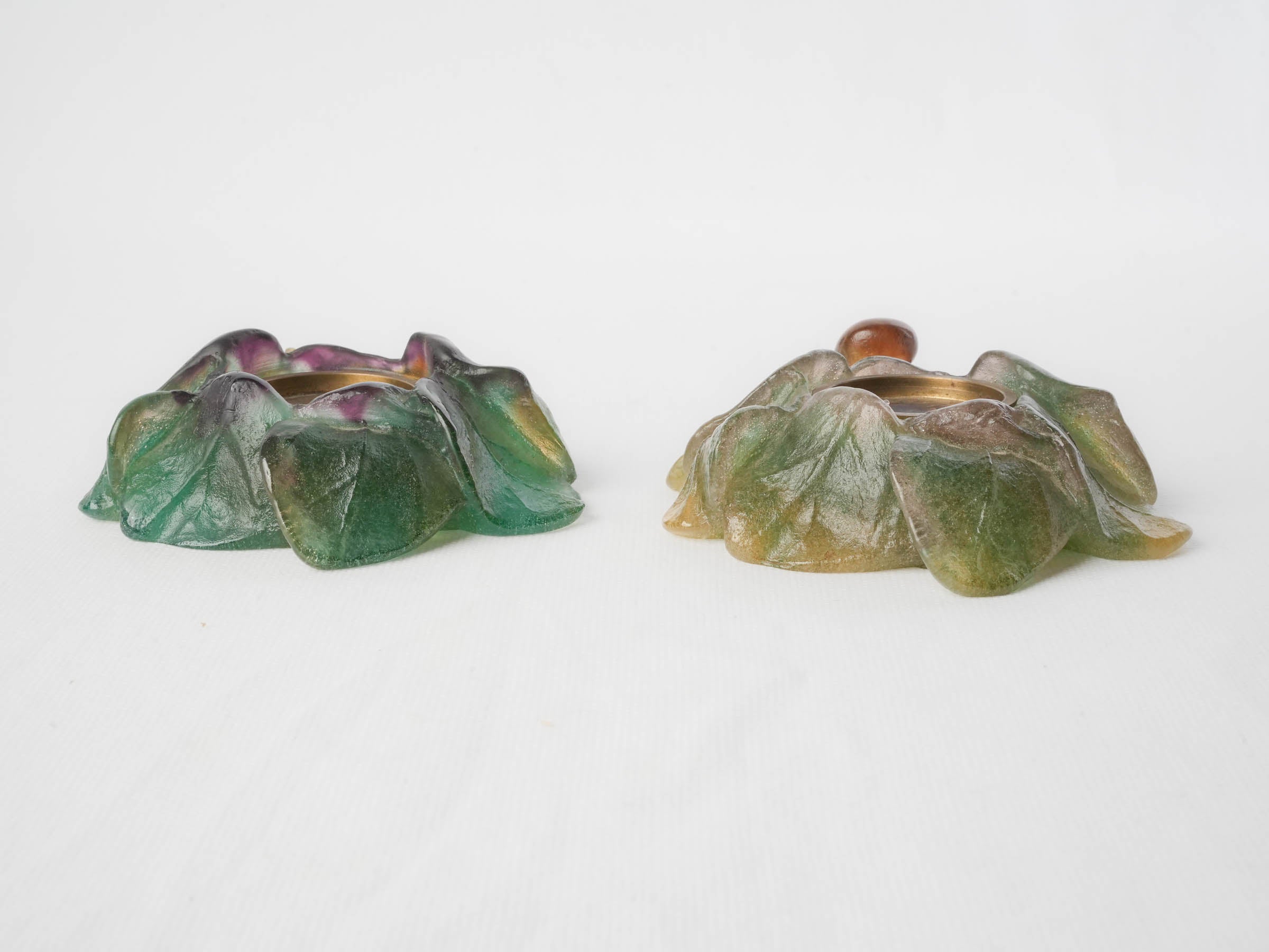 Pair Of Vintage Nature-Inspired Coloured Art Glass Candle Holders By Daum - 5"