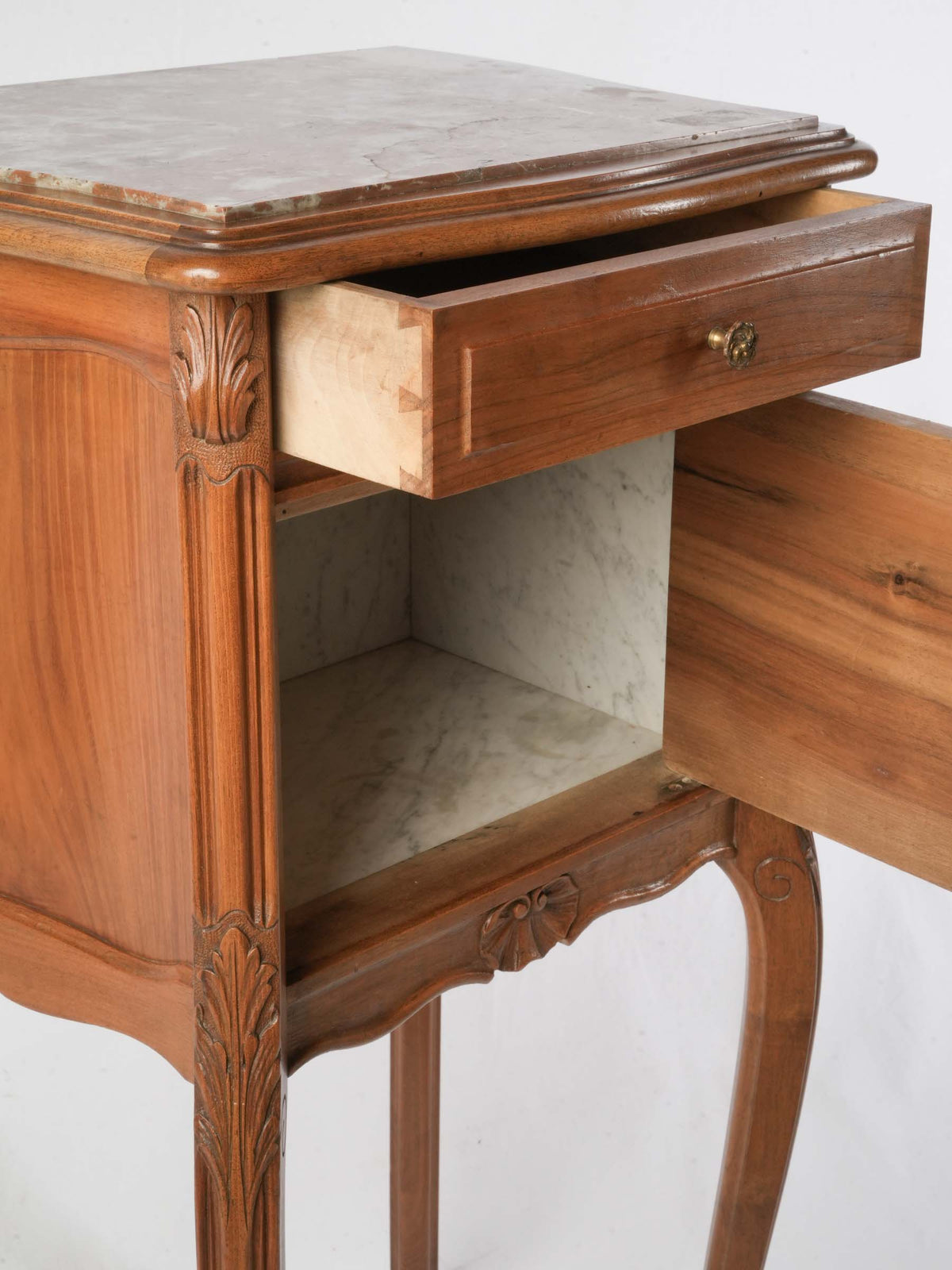Late 19th-Century French Louis XV-Style Walnut Bedside Cabinet with Marble Top - 34¾"