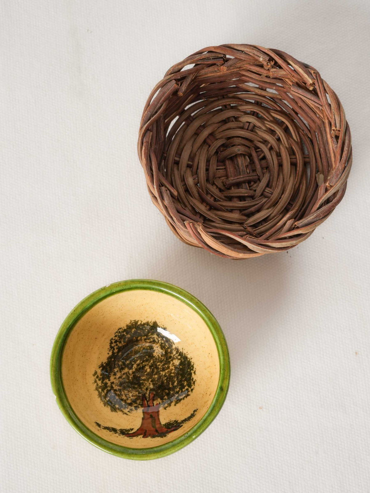 Miniature French Ceramic Bowl with Hand-Painted Tree and Wicker Cradle