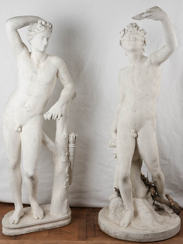 2 large French figurative garden statues - Apollo & Bacchus  - concrete 60"