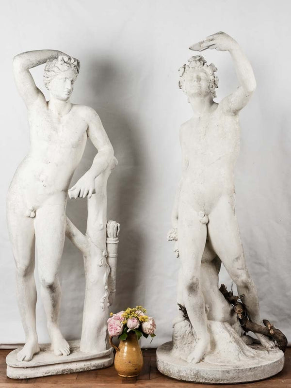 2 large French figurative garden statues - Apollo & Bacchus  - concrete 60"