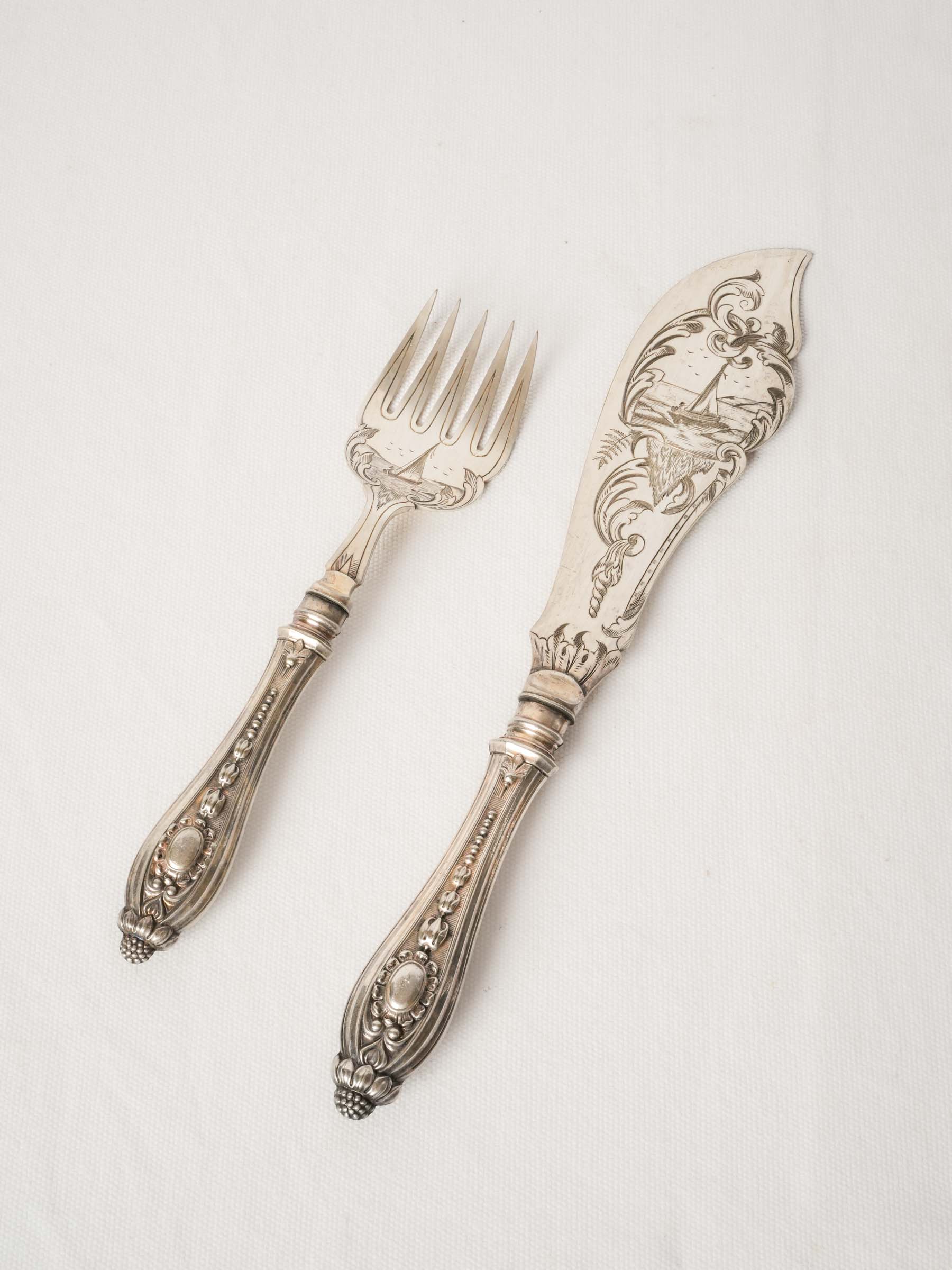 Antique French Silverplate Fish Serving Set with Maritime Engraving