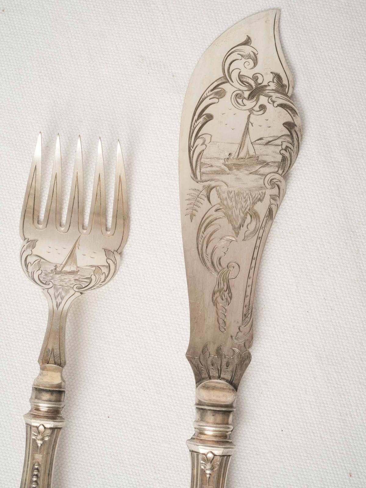 Antique French Silverplate Fish Serving Set with Maritime Engraving