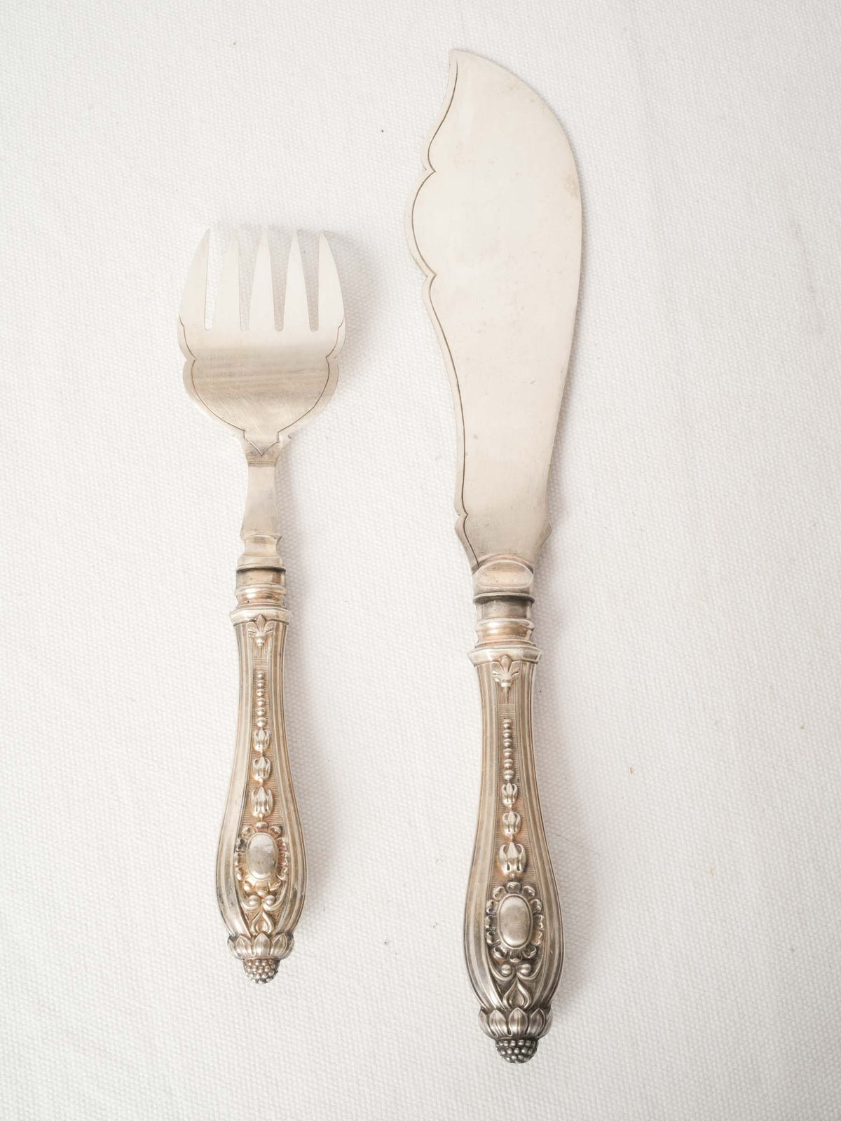 Antique French Silverplate Fish Serving Set with Maritime Engraving