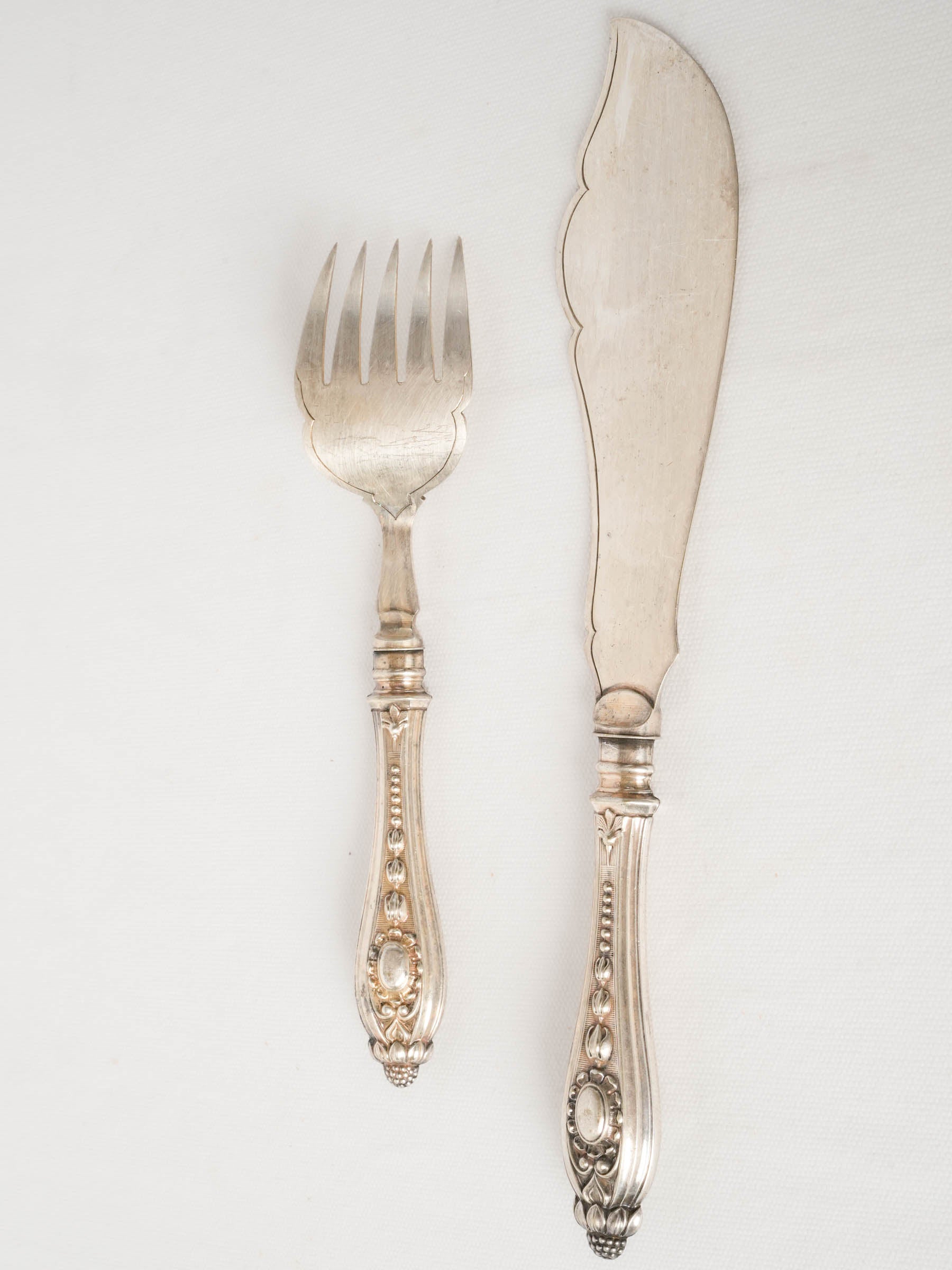 Antique French Silverplate Fish Serving Set with Maritime Engraving