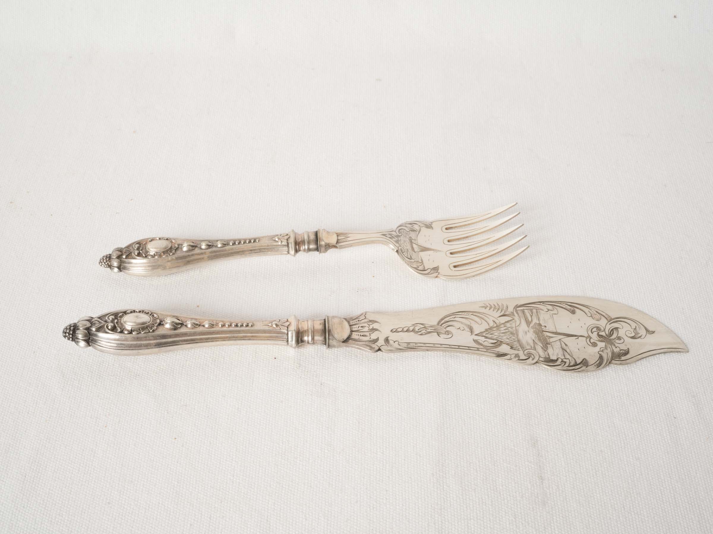 Antique French Silverplate Fish Serving Set with Maritime Engraving