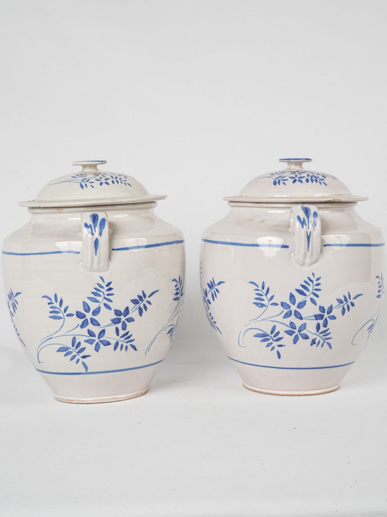 Hand-painted blue floral stoneware jars
