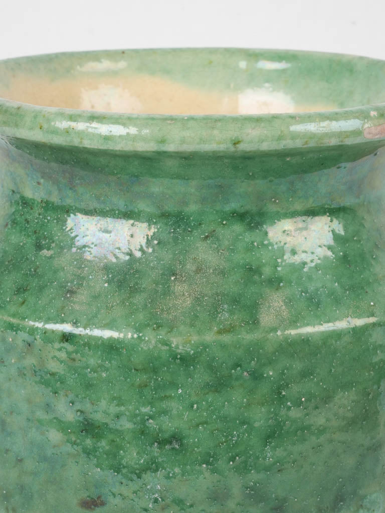 Antique French confit pot w/ green glaze - no handles 8¼"