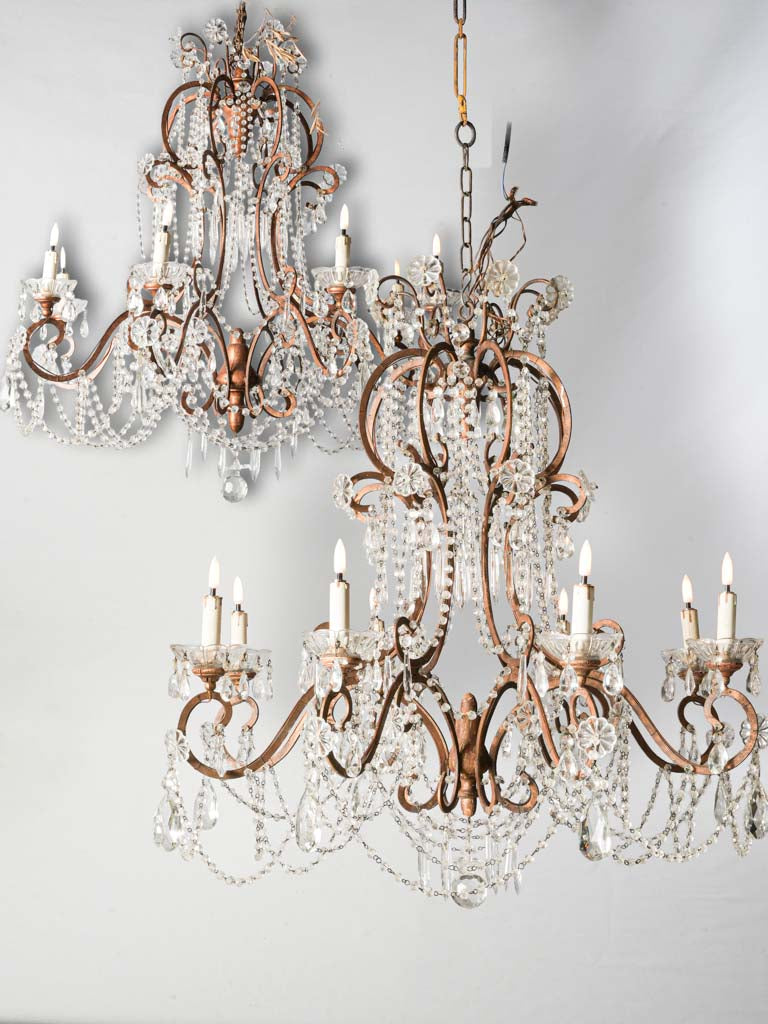 Gorgeous Pair of Early 20th-Century Italian Eight-Light Gilt-Metal and Crystal Chandeliers - 39½" x 36½"