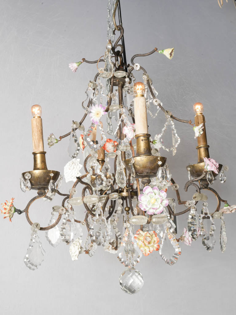 Early 20th-Century French Rococo Revival Four-Light Chandelier w/ Porcelain Flowers  - 24½" x 23¼"