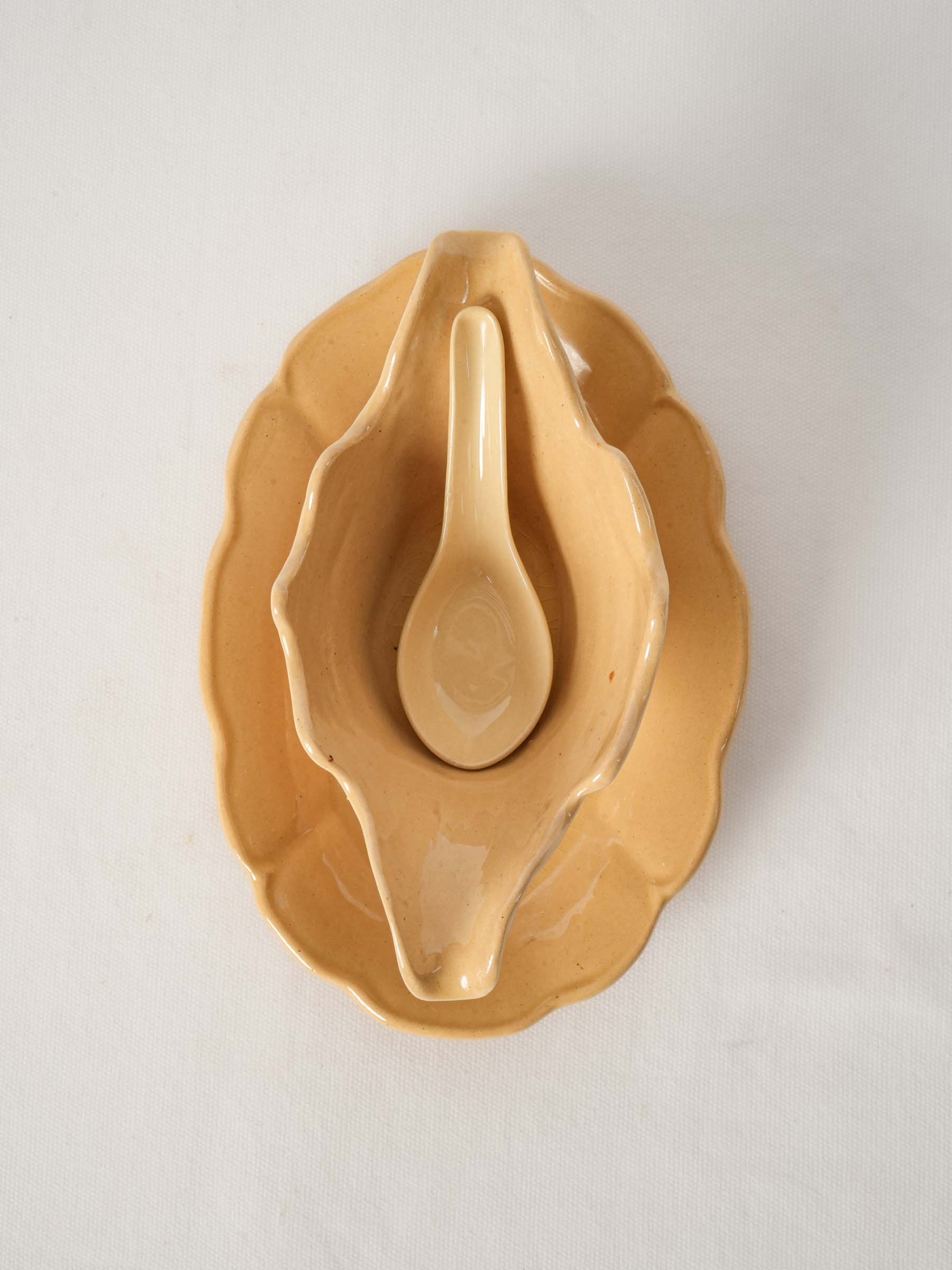 Handmade Provençal Ochre Ceramic Gravy Boat Set