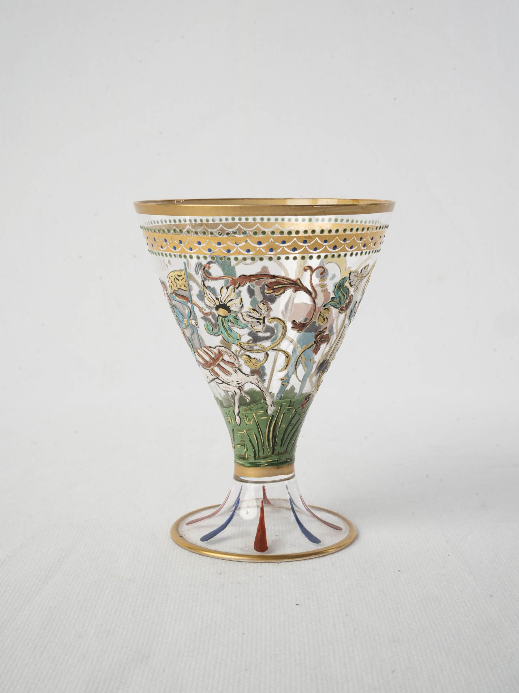 Polychrome enamel gilded glass goblet  