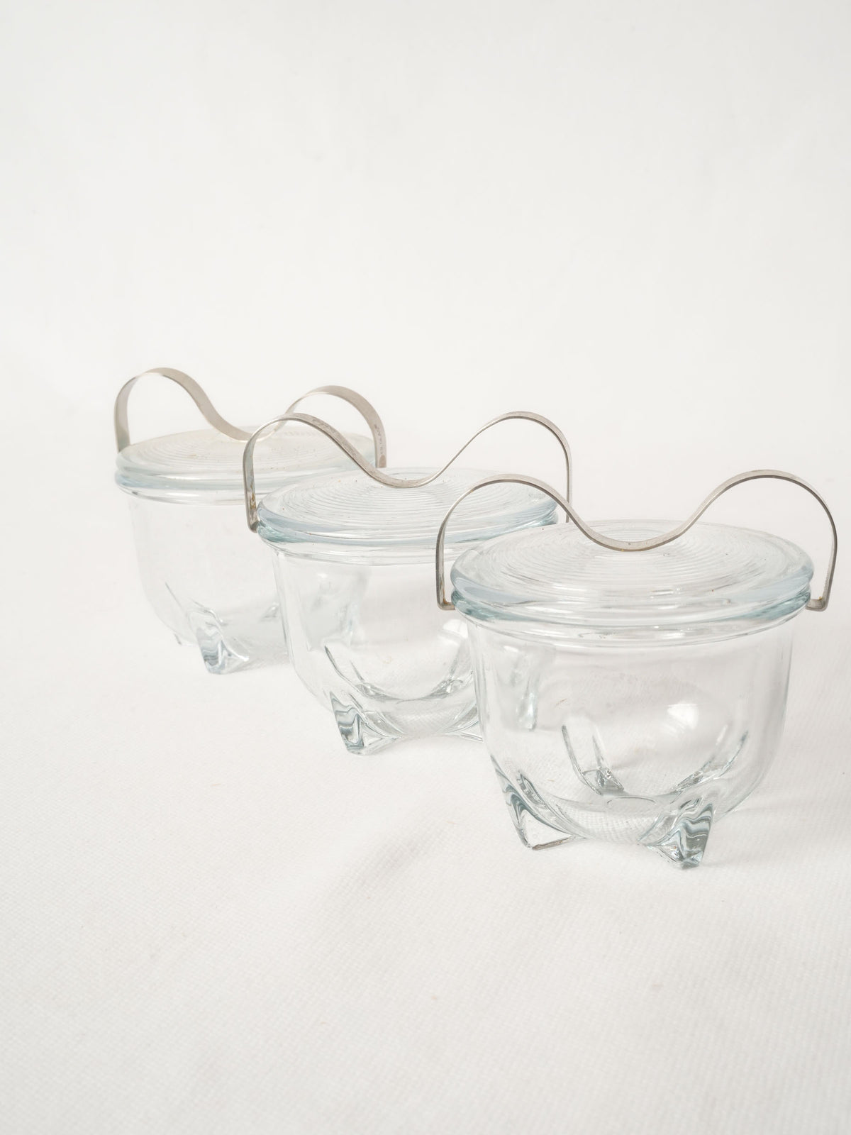 Set of Three French Glass Egg Coddlers with Metal Handles