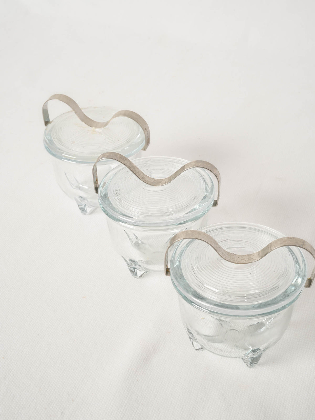 Set of Three French Glass Egg Coddlers with Metal Handles