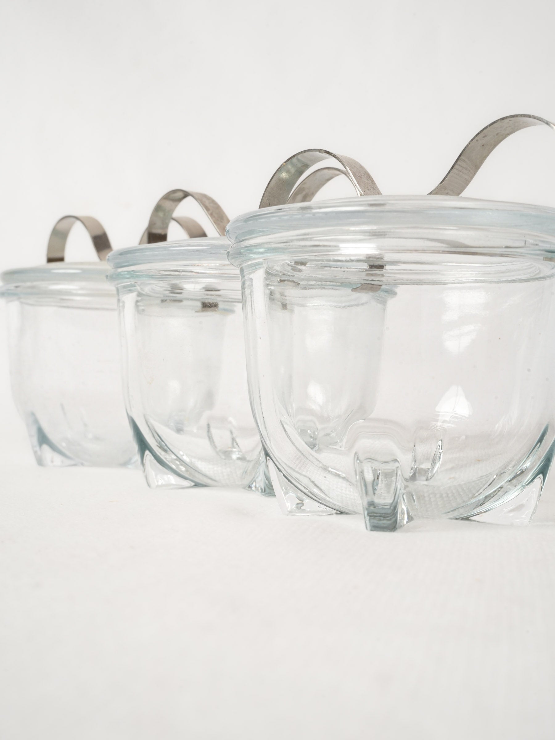 Set of Three French Glass Egg Coddlers with Metal Handles