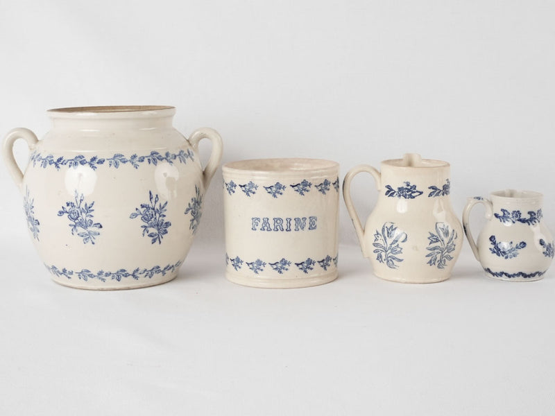4 antique French blue & white Saint Uze pots & pitchers
