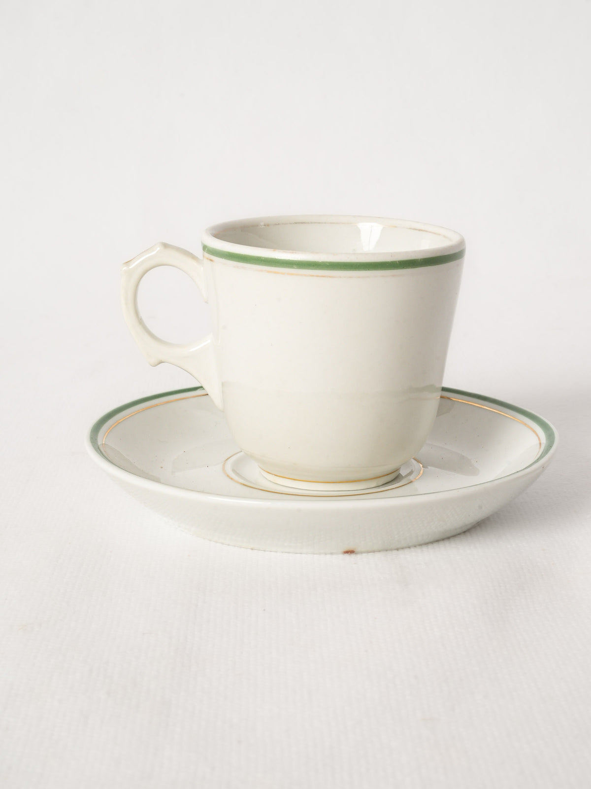 Antique French Ceramic Café Cup and Saucer With Green Stripe - Chez Louis