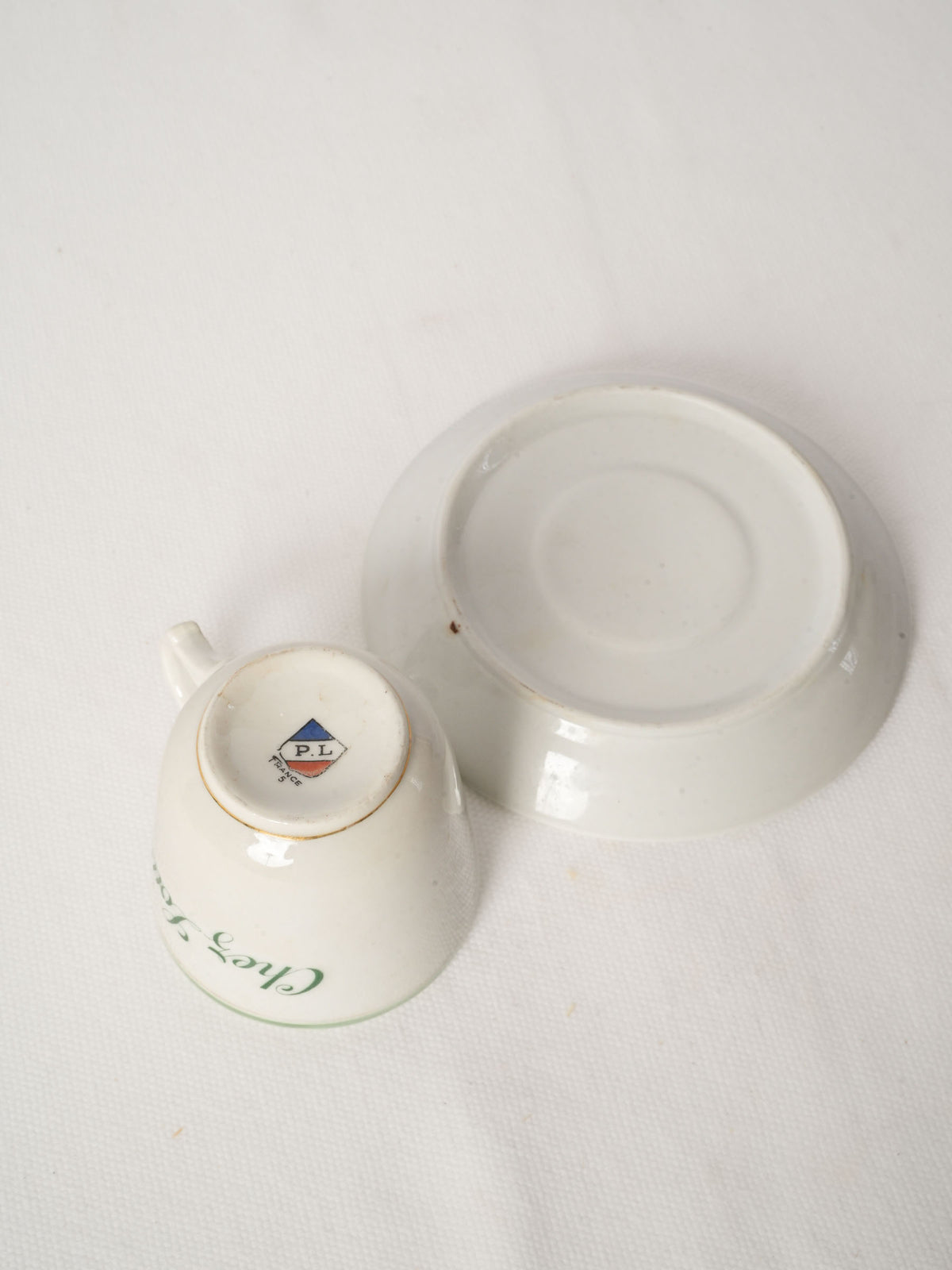 Antique French Ceramic Café Cup and Saucer With Green Stripe - Chez Louis