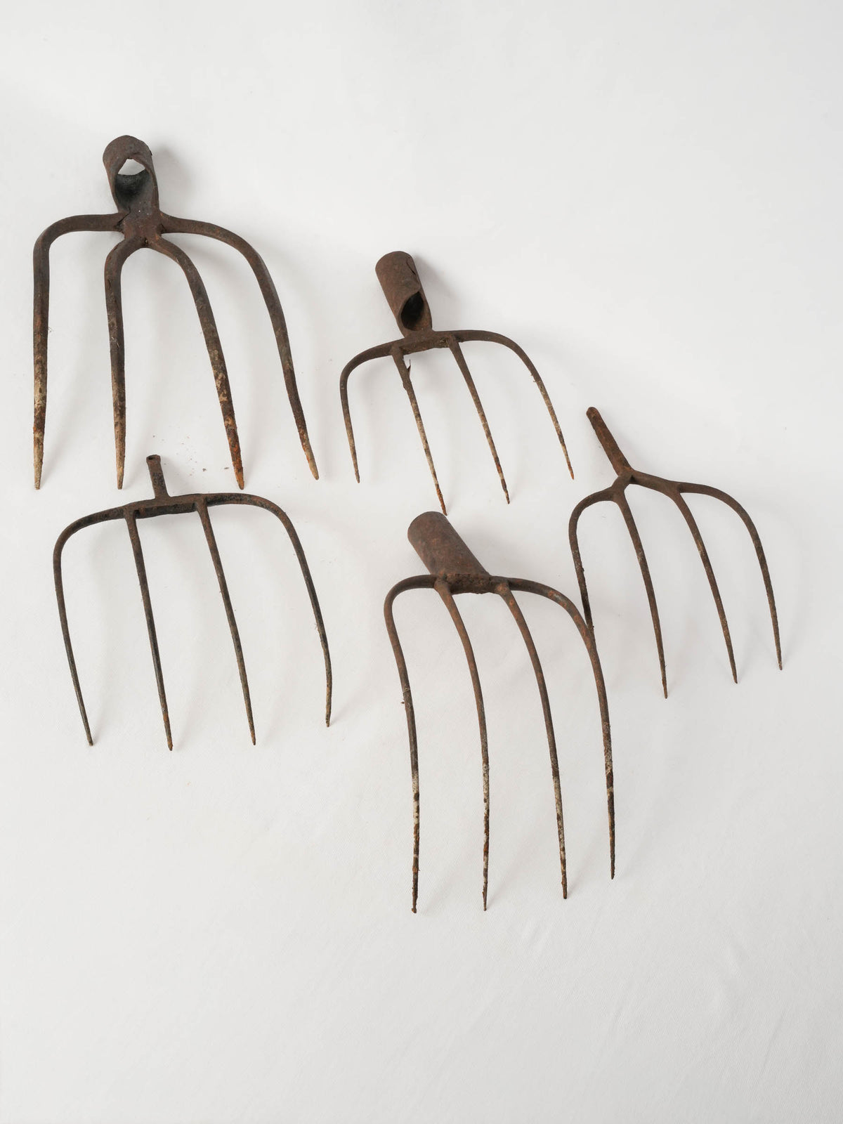 Set of Five Antique Wrought Iron Pitchfork Heads from France