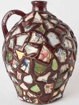 Artisanal burgundy tile-glued mosaic jug