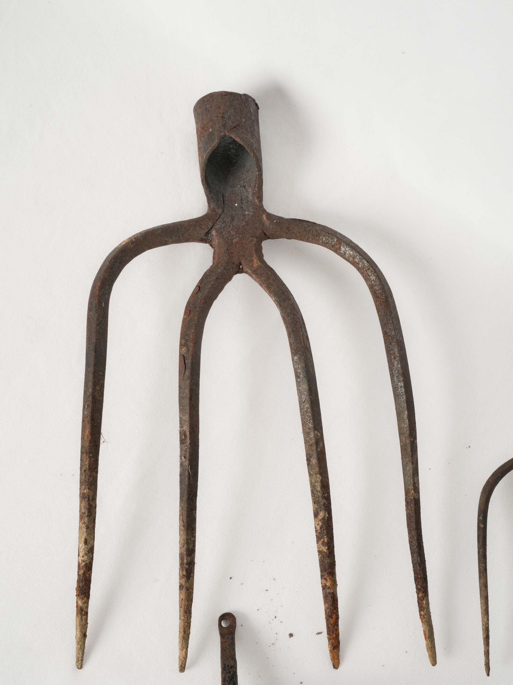 Set of Five Antique Wrought Iron Pitchfork Heads from France