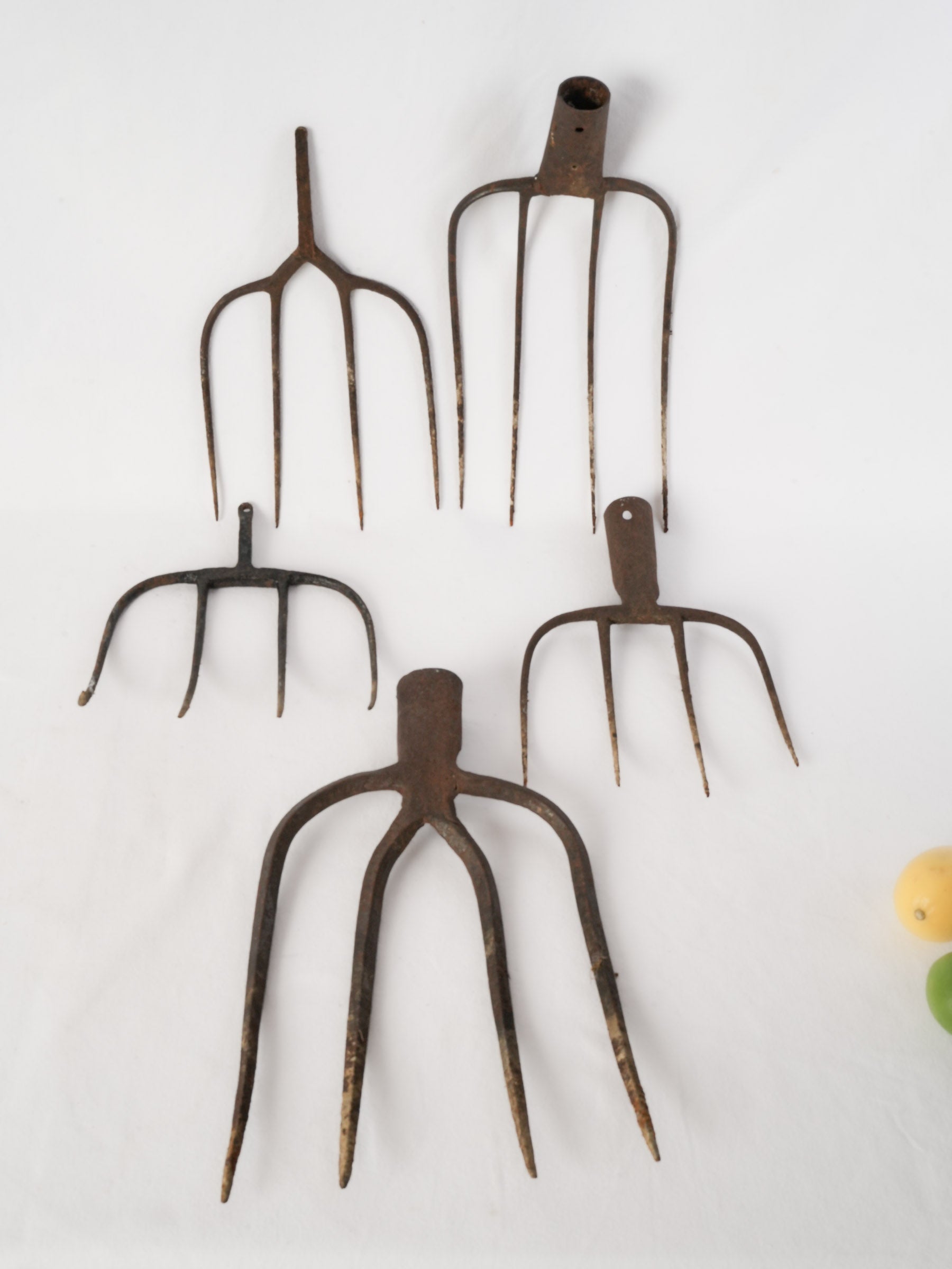 Set of Five Antique Wrought Iron Pitchfork Heads from France
