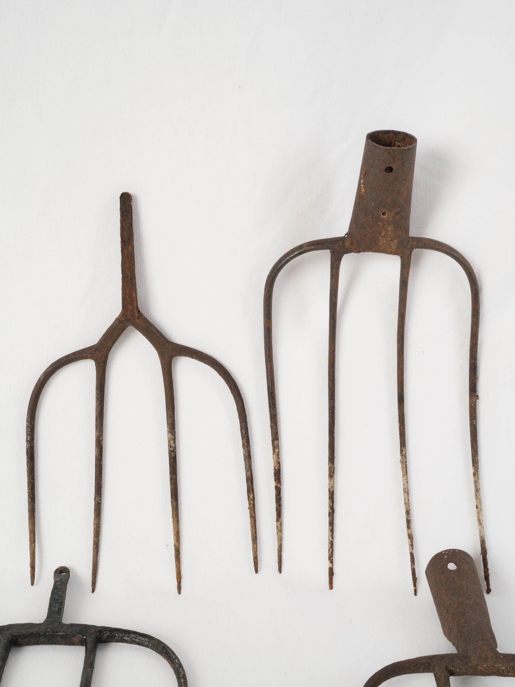 Set of Five Antique Wrought Iron Pitchfork Heads from France
